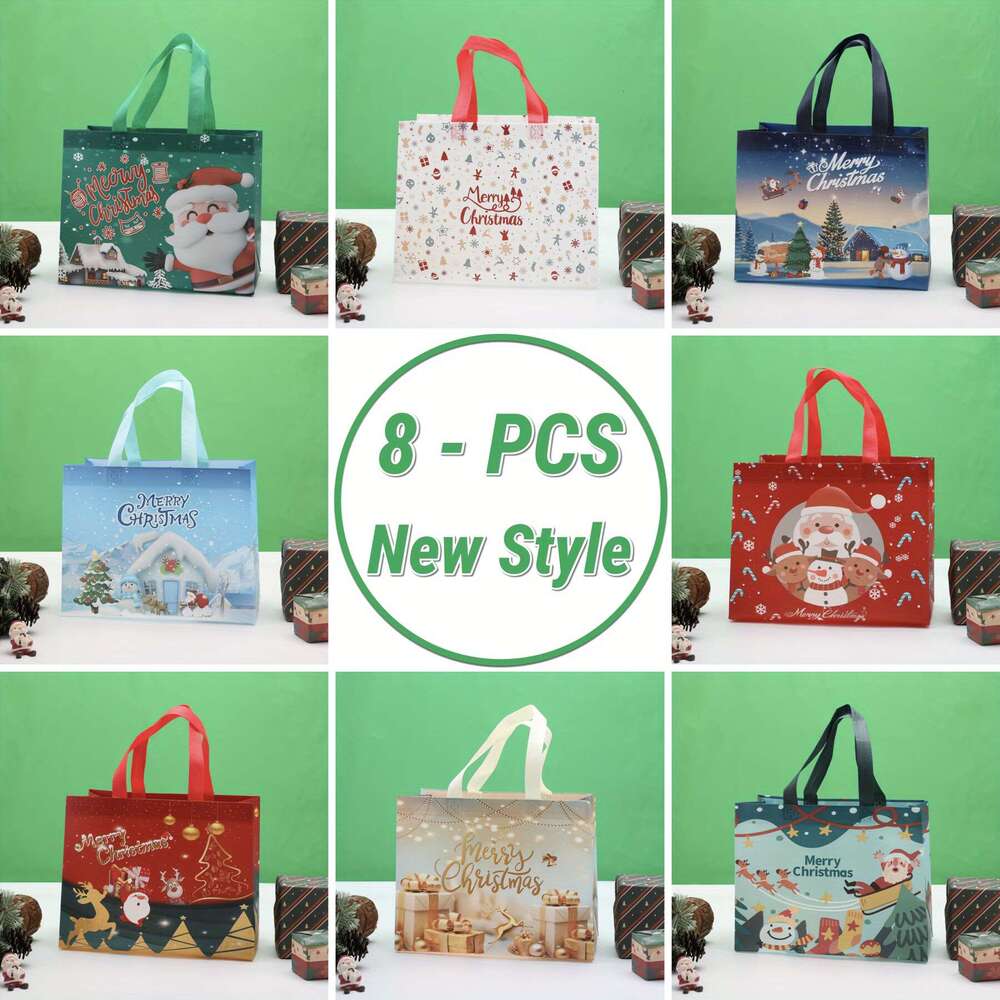 Christmas 8pcs Christmas Gift Bag Set - Cute, Waterproof Stain-Resistant Non-Woven Tote Bags with Handles for Holiday Presents & Party Favors