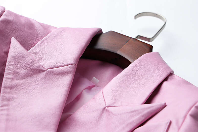 shanshi leather jacket women Spring and Autumn Pink Slimming Temperament Commuter Collar Double breasted Solid Color Long sleeved Suit PU Leather Jack