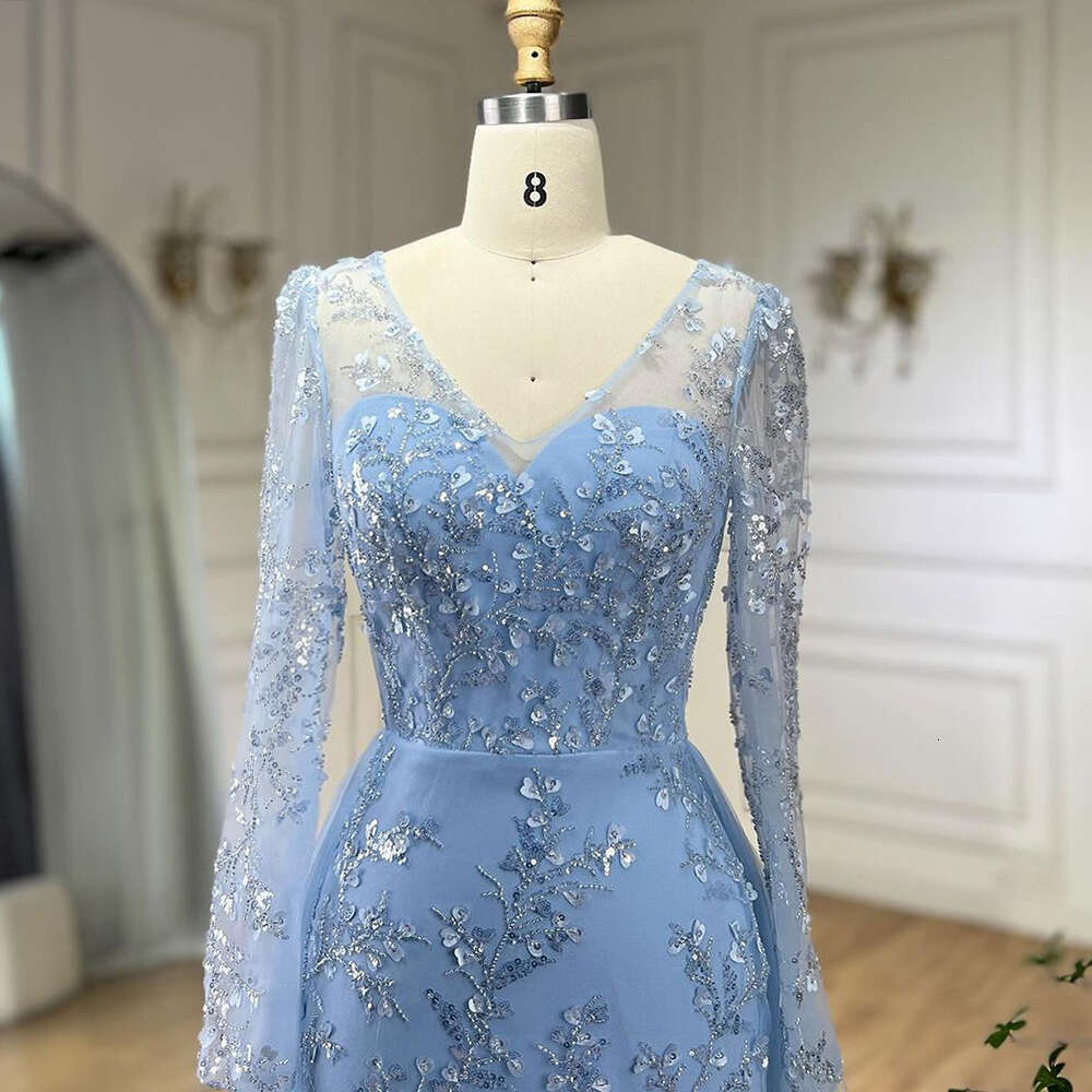 Blue Mermaid Customized Elegant With Train Beaded Arabic Evening Dresses Gowns For Women Party