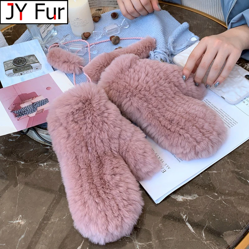 Real Women's Rex Winter Rabbit Fur Gloves Warm Thick Ladies Fur Mittens Elastic Girls Ski Glove Mitts Elastic Soft With String smile