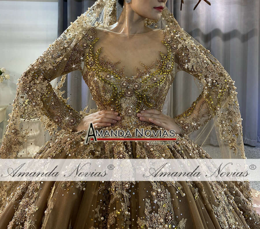Customized Champagne Color Wedding Dress Full Beading With Lace Veil