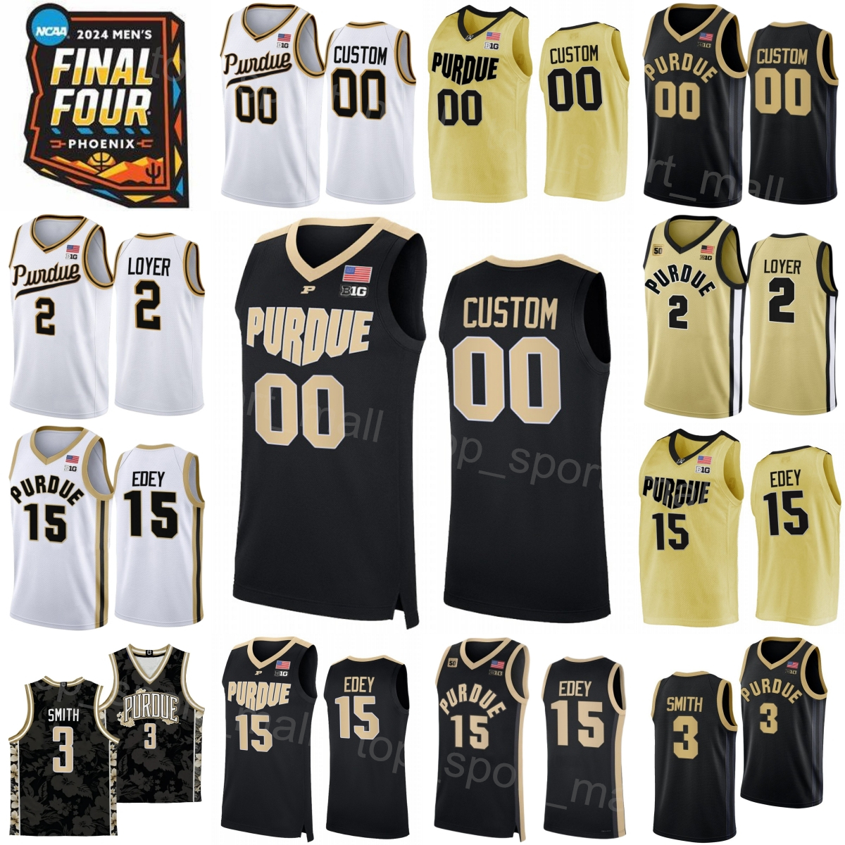 College 2024 Final Four Purdue Boilermakers Jersey Basketball 15 Zach Edey 3 Braden Smith 55 Lance Jones 5 Myles Colvin 2 Fletcher Loyer 23 Camden Heide University