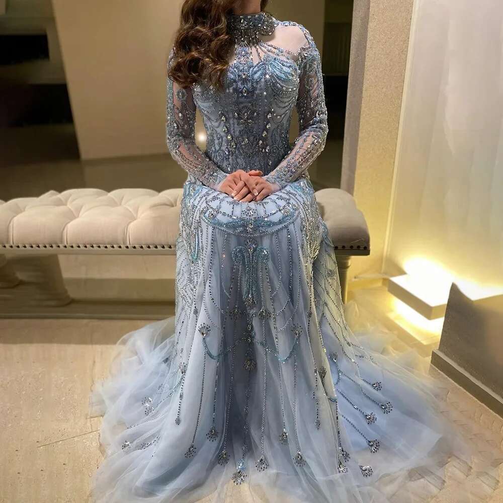 Hill Arabic Serene A E Blue Lace Beaded Evening Gowns For S Party Dubai LA Customized Vening L