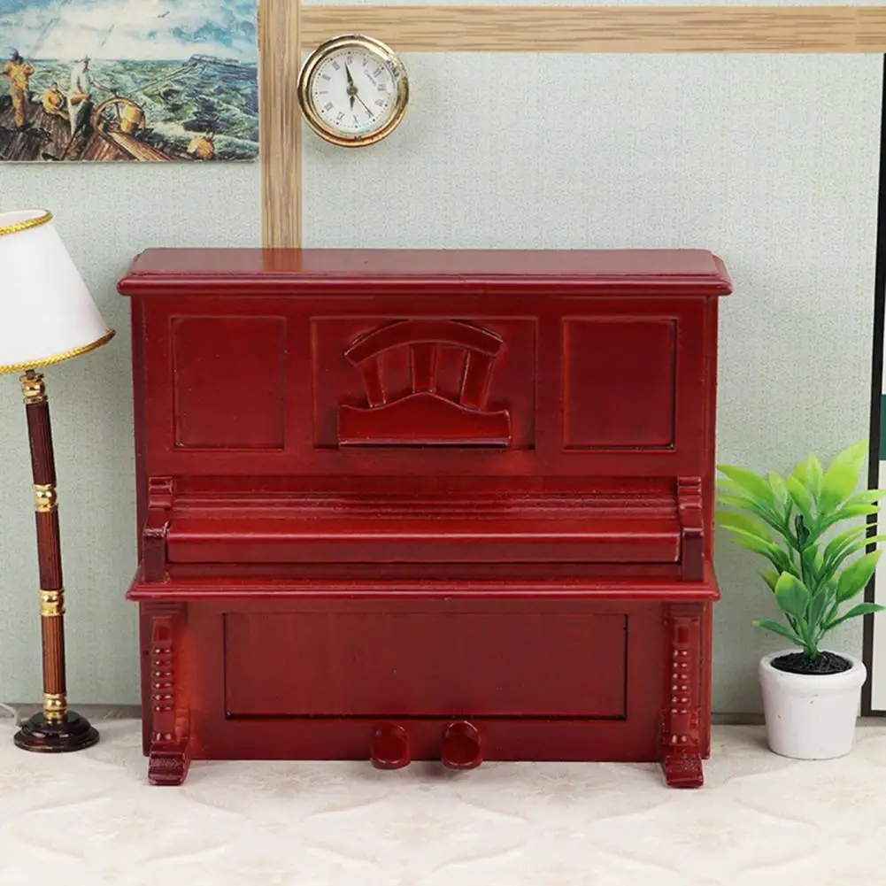 1/12 Vintage Miniature Retro Piano Set Dollhouse Mini Piano with Stool Musical Instrument Model for Doll House Accessories Decor
