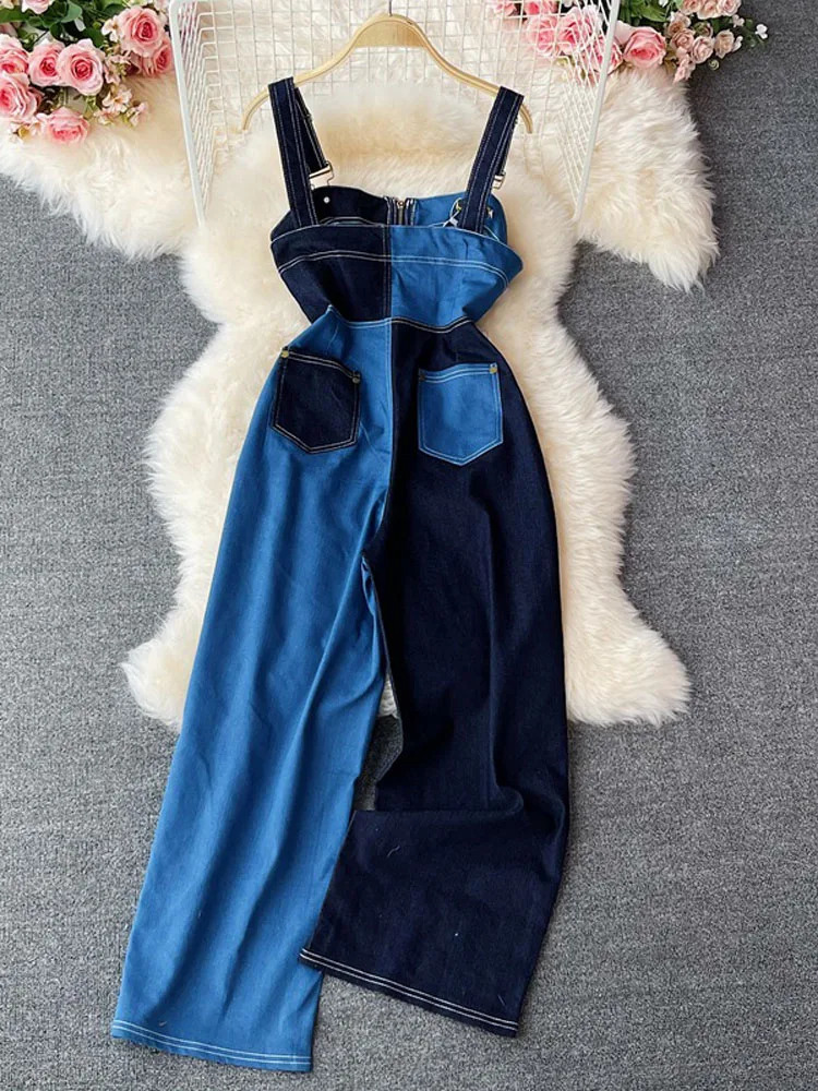 Summer womens Denim suspenders Jeans Blue Straight wide legs street style loose high waist denim Jumpsuit womenLTKBlue1 240409