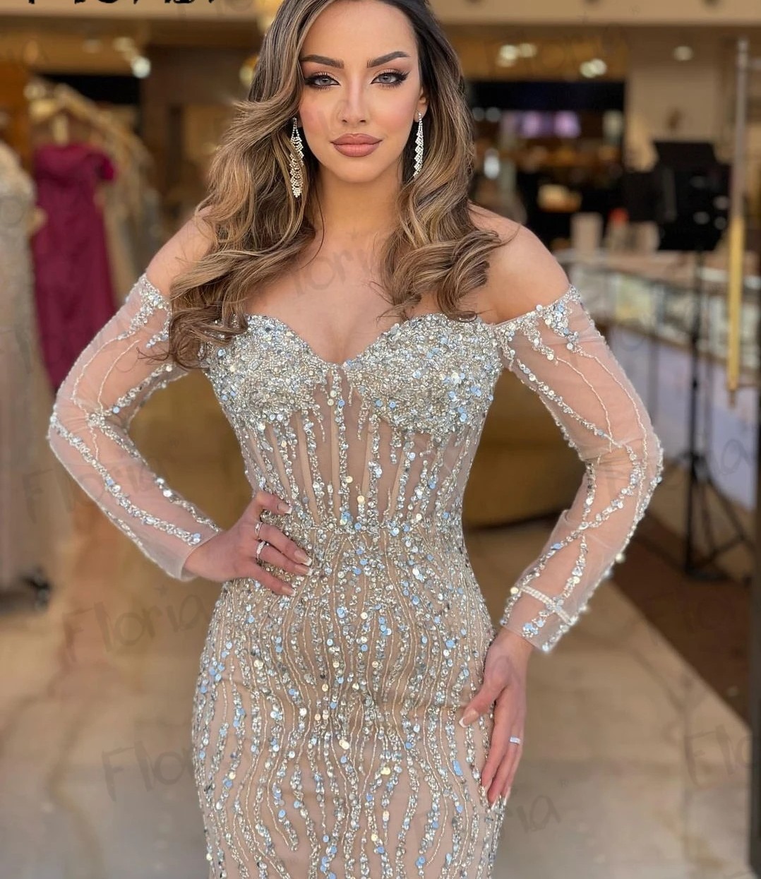 2024 Champagne Mermaid Prom Pageant Dress Off The Shoulder Sleeves Beads Crystal Birthday Evening Party Gowns Robe Soiree Vestidos De Gala