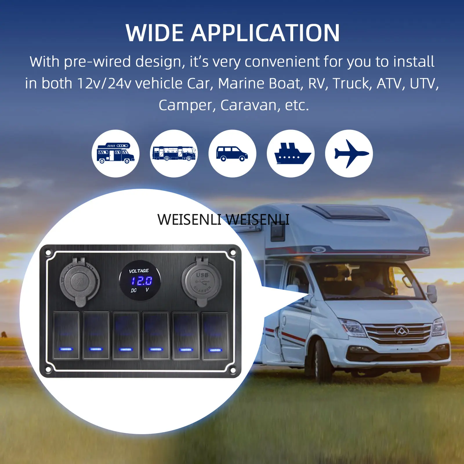 8 Gang Rocker Switch Panel For Car Boat Marine 12V 24V Waterproof On-Off Circuit Breakers With Fuse Panel Switch With Sticker