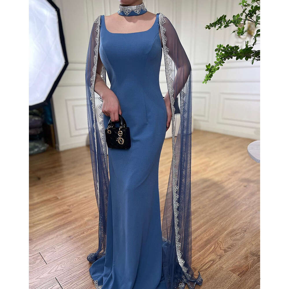 Blue Serene Hill Cape Evening Dresses Gowns Mermaid Beaded La72086 Customized