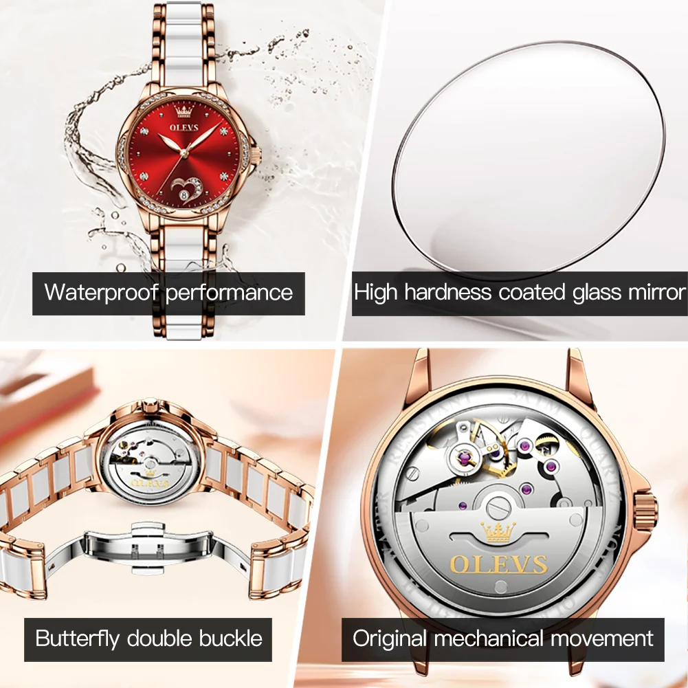 OLEVS Automatic Mechanical Watch for Women Luxury Ceramics Strap Waterproof Elegant Diamond Women's Wristwatch Clock Reloj Mujer