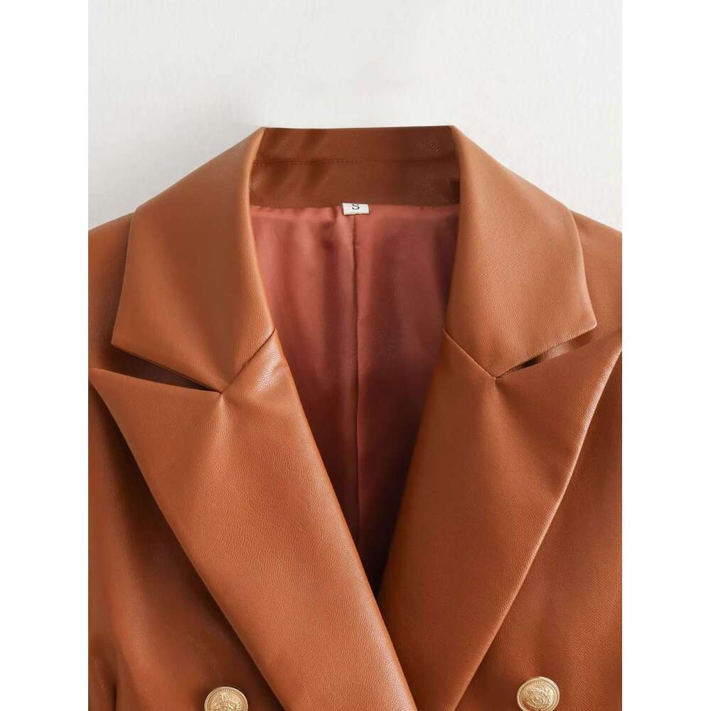 shanshi leather jacket women Autumn new women's versatile metal double breasted pocket long sleeved PU leather slim fit suit jacket