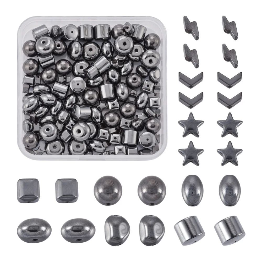 135Pcs Black Non-magnetic Synthetic Hematite Beads Star Nuggets Oval Round Loose Spacer Beads for Bracelet Jewelry DIY Making