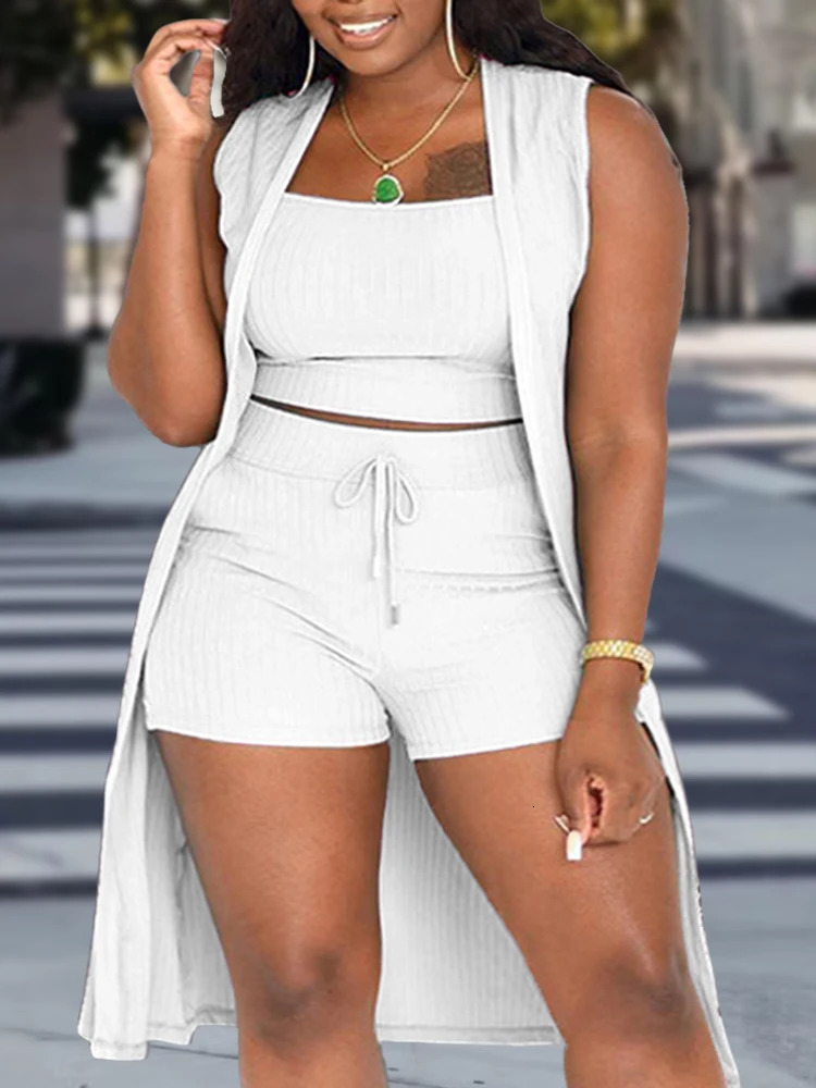 Plus Size Casual Outfits Three Piece Set Womens Plus Solid Ribbed Round Neck Tank Top Drawstring Shorts Split Hem Cardigan 240321