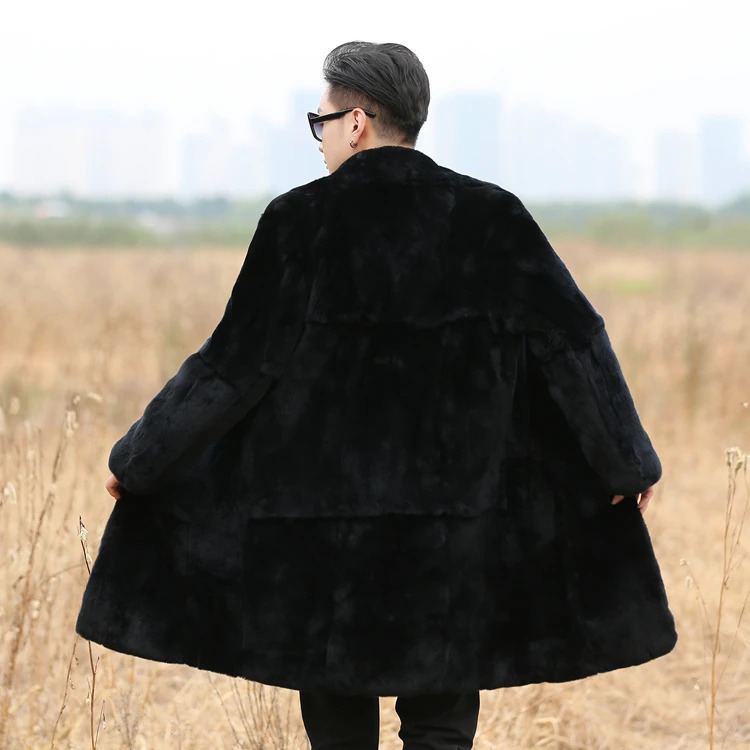 Real Gennie Natural Mens Rex Rabbit Fur Coat UK Collar Long Fashion Jacket Warm Winter Customization Any Size 241108