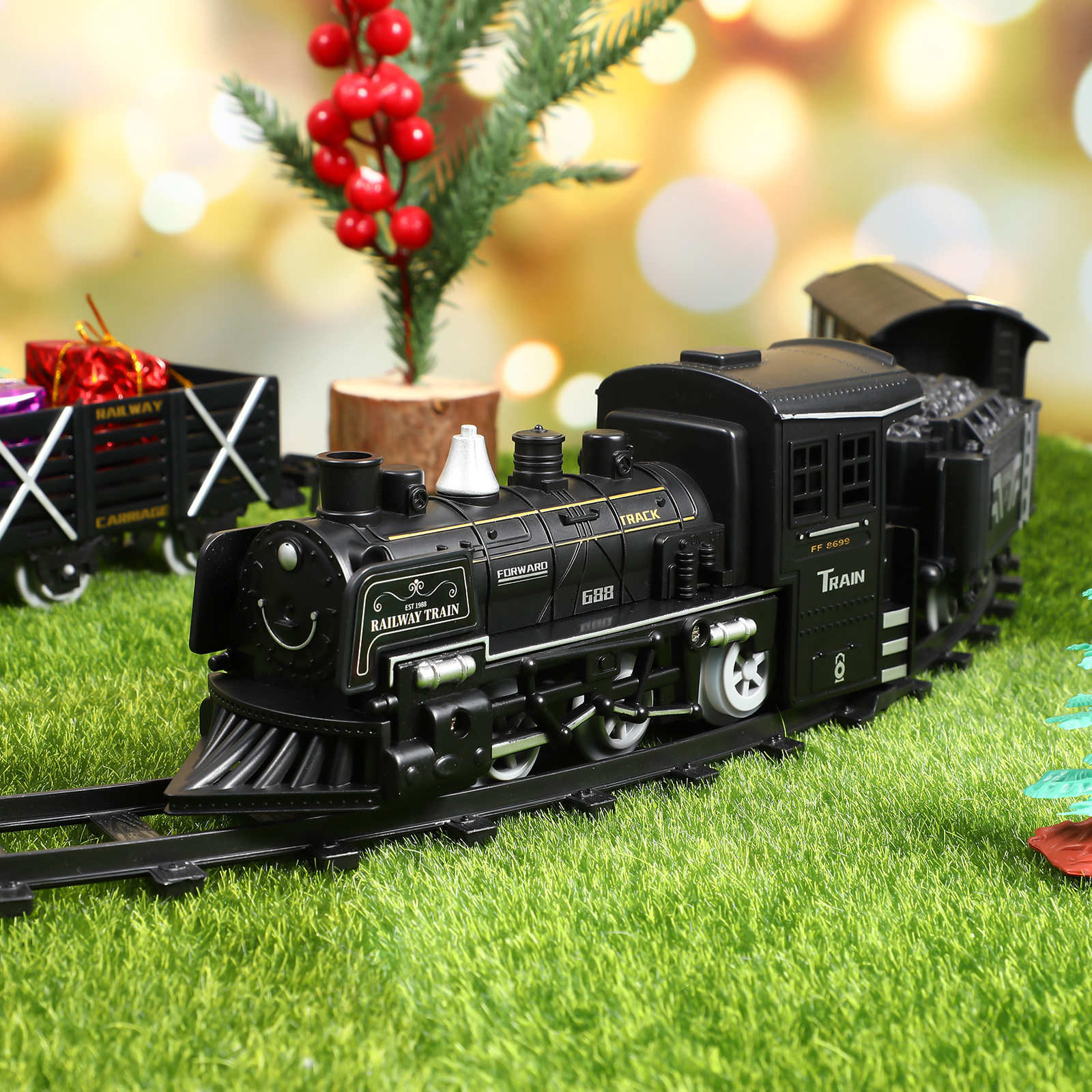 Small Train Freight Electric Model Kids Steam Engine Locomotive Toy Car Railway Plastic