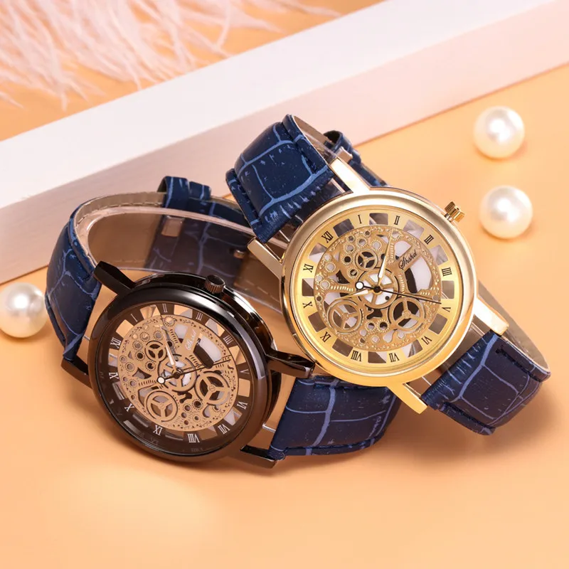 For Foloy Men Watch PU Leather Band Hollowing out Analog Alloy Quartz Wrist Watches Men Watch Clock smile