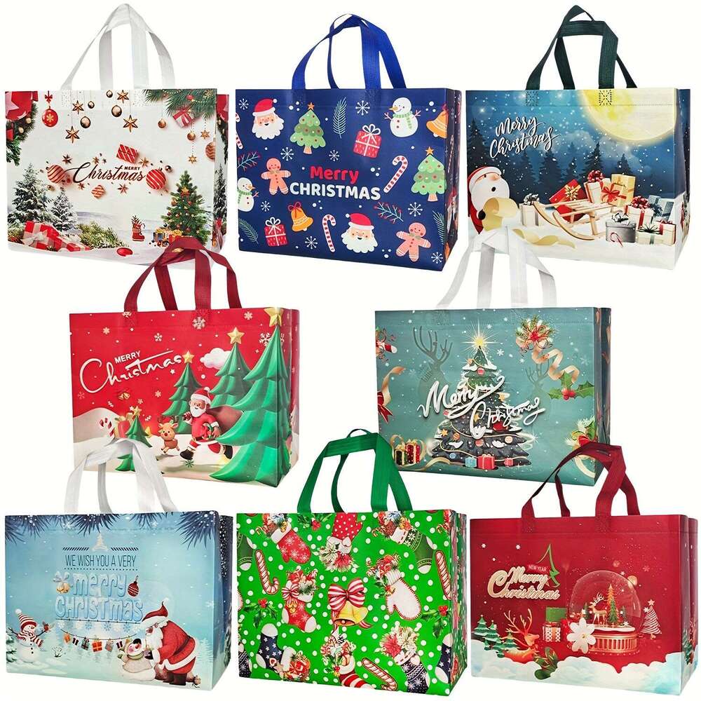 Christmas Set of 8 Christmas Reusable Shopping Totes Non-Woven Shatterproof Rectangle Gift Bags with Handles for Wrapping