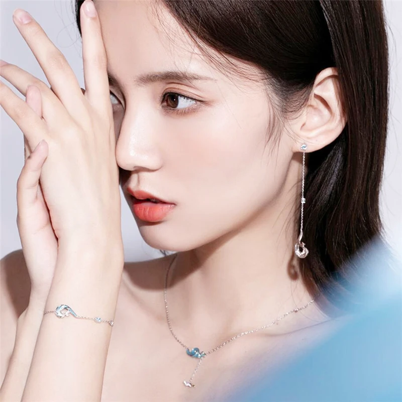 Sterling Sier WYEAIIR Blue Drip Glaze Enamel Wave Spray Fine Jewelry Female Resizable Bracelet smile
