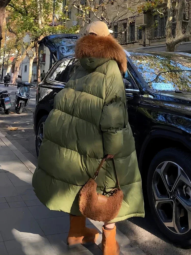 Super Raccoon Fur Army Green Quilt Down Jacket Winter Thick Plus Loose Warm White Duck Inflatable Jacket Womens 241108