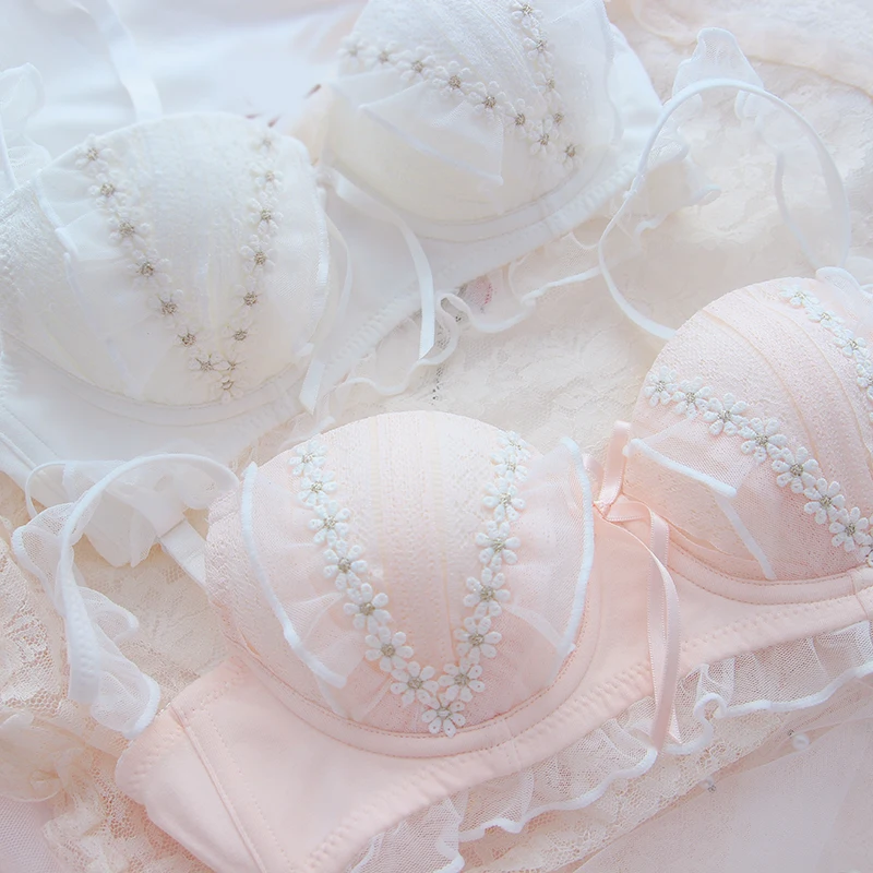 White 1set Japanese Pink/ Style Flower Pattern Girls Sweet Underwear Student Kawaii Bra Underpant Suit Girl Gift smile Pink/
