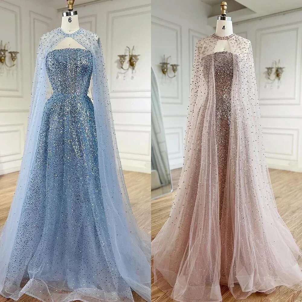 Customized Arabic Blue Saudi Evening Gown A E Elegant Cape Sleeves Beaded Dress For Formal Ocn LA legant mal L