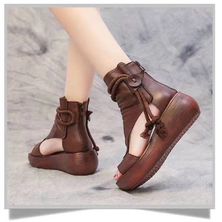 Shoes for Women Ladies Vintage Pu Leather Boots Fashion Women Sandals Summer Mid Heels Wedges Shoes Sandalias Mujer Sneakers