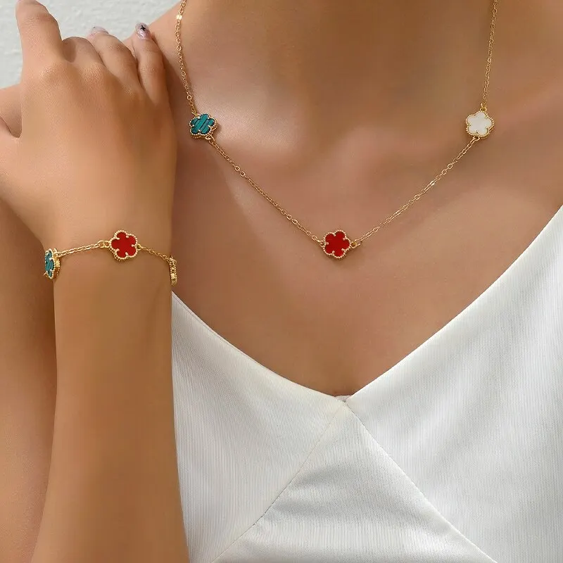 Colorful 2 Flower Pcs Necklace Bracelet Set New Design Copper Chain Gold Plating Jewelry Set Women's ddmysmile Temperament Gift Smile
