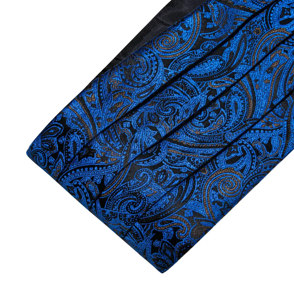 Cummerbund Blue Men Navy Silk Bowtie Pocket Square Cufflinks Sets Classic Paisley Male Accessories Wedding Party Barry.Wang 1031 smile