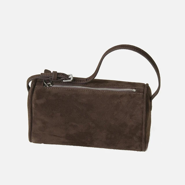 Donna-In First Layer Cowhide Mini Suede Handbag Real Leather Square Pen Container Bag For Women Suede Zipper Style Thread
