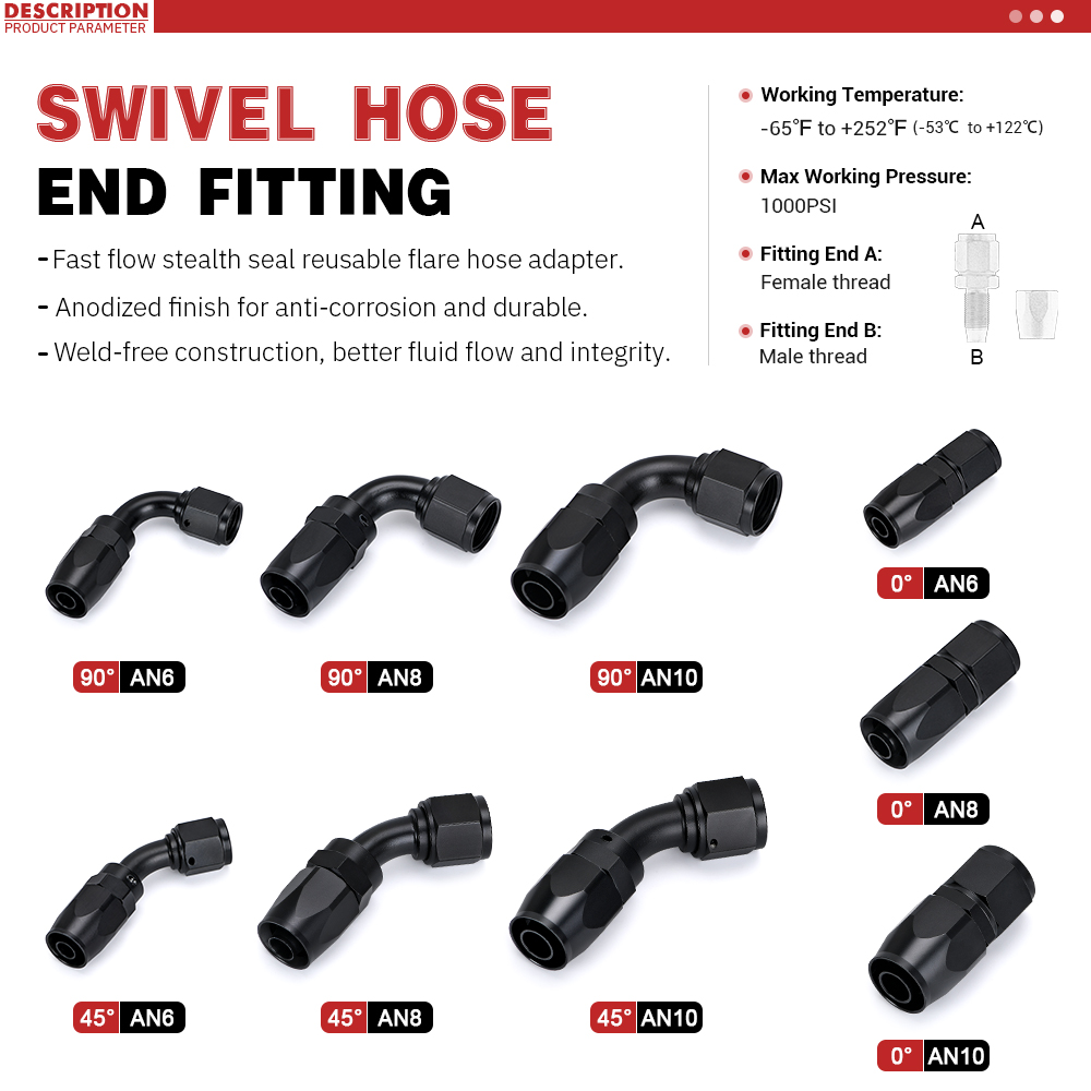 2PCS AN4 AN6 AN8 AN10 Straight 45 90 180 Degree Fuel Swivel Fitting Oil Hose End Adaptor Kit