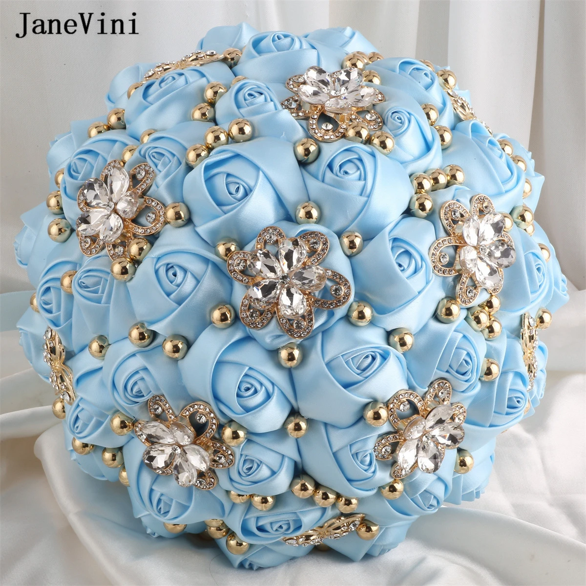 2023 Elegant Light Janevini Blue Flowers Bridal Bouquets God Crystal Beaded Artificial Satin Roses ddmysmile Brides Wedding Bouquet Smile