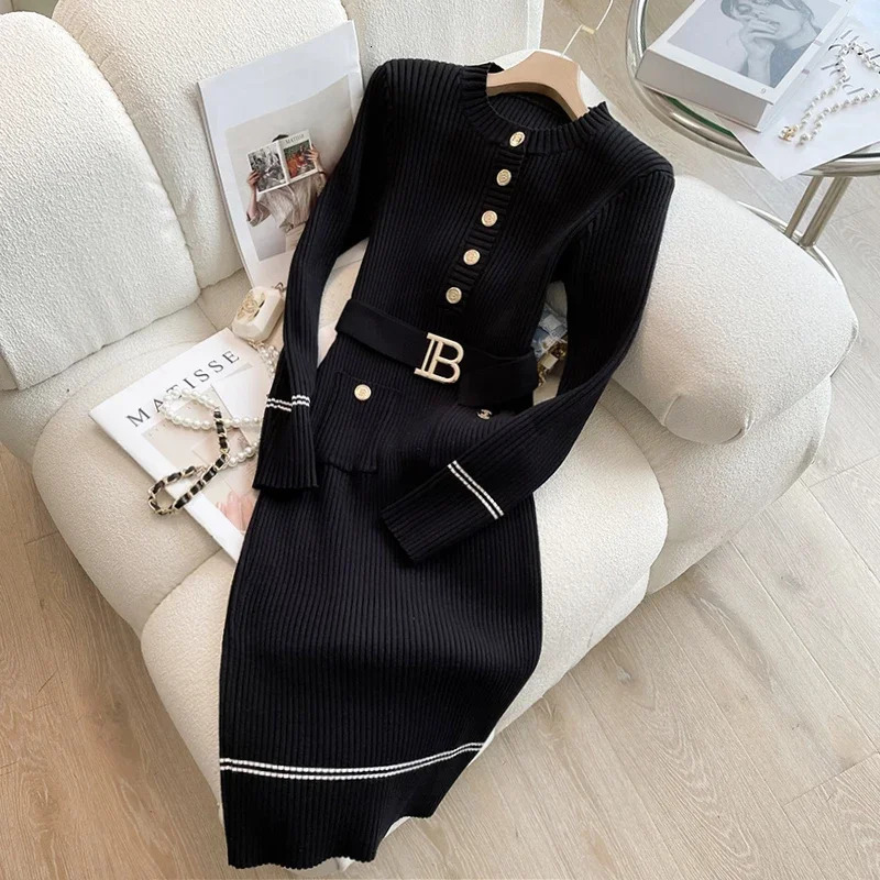 Autumn Winter Women Knitted Dress Fashion O-neck Buttons Bodycon Sweater Dress with Belt Lady Office Dress 241108