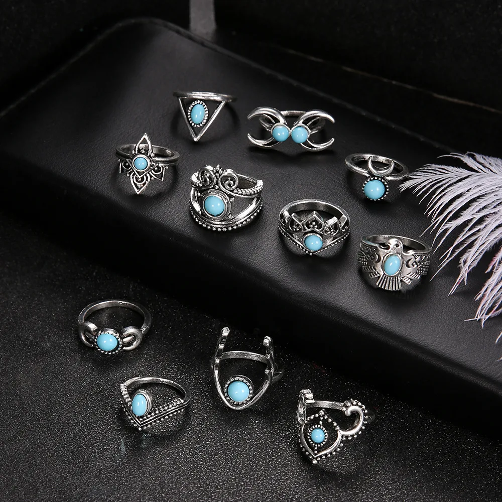 Stone Vintage Boho Blue Turquoise Rings For Women Wholesale Mix Styles Ethnic Finger Ring Set Jewelry Party Gifts smile