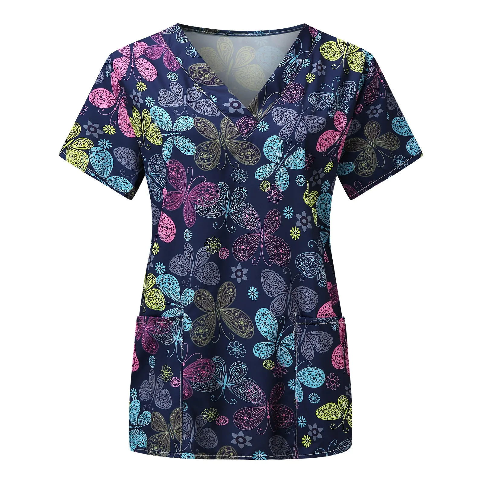 Working Uniform Women Printed Flower Butterfly Pocket Nurse Blouse Carers Short Sleeve Scrub Tops V-neck Healthcare Carer Tunic smile