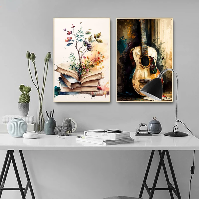 Watercolor Guitar and Books Poster Canvas Painting Modern Wall Art Picture for Living Room Study Office Home Decor Gift Idea
