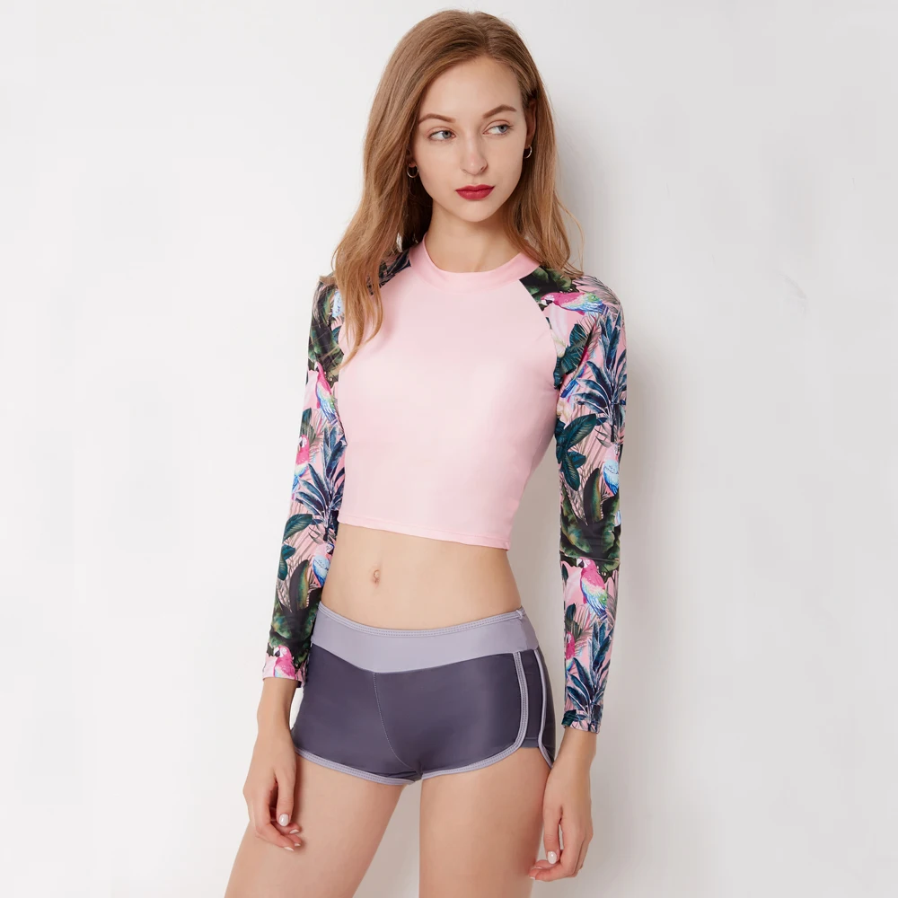 Waist Womens 2 High Piece Bikini Set Long Sleeve Crop Top Rash Guard Swimsuit Shirt & Shorts Surf Bathing Swim Sun Suits Upf50+ Smile ddmysmile & +