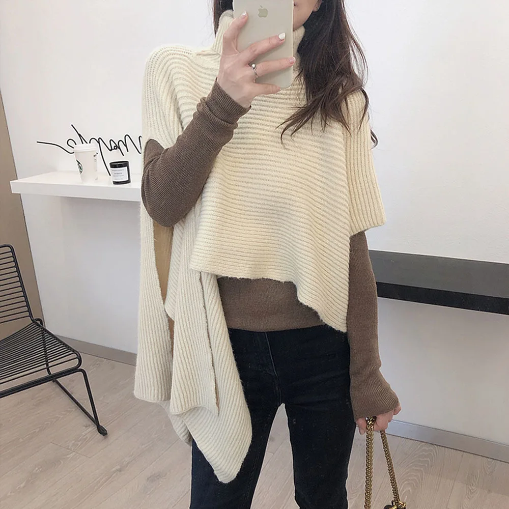 Turtleneck Autumn Winter Warm Knitted Poncho Pullover Split ddmysmile Irregular Shawl Sweater Cape Ladies Elegant Knitwear Bat Sleeve Tops Smile