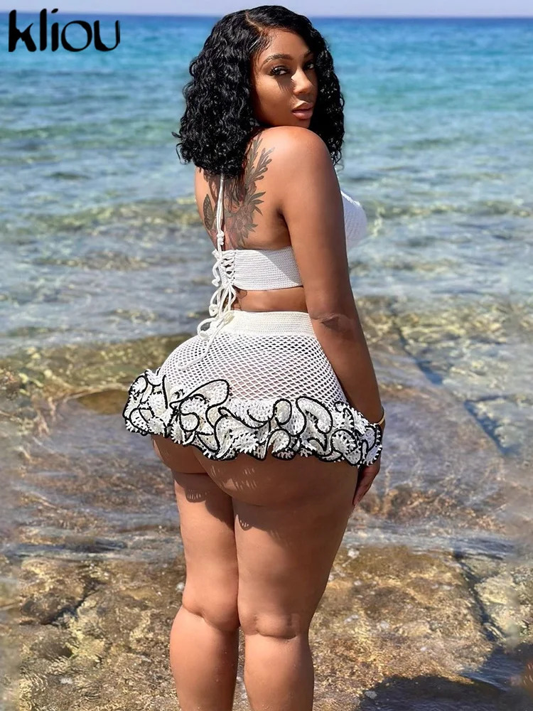 kliou Summer Women Mini Sexy Knitted Two Piece Set W23S36170 Girl Halter TanksHollow Out Hip Skirt Outfit Beach Club Attire 240401