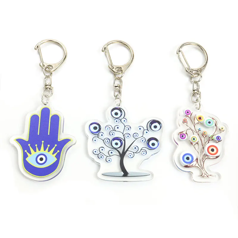 Blue ddmysmile Evil Eye Turkish Hamsa Hand Acrylic Keychain Mysterious Eyes Fatima Hand Keyring Bag Keys Pendant Men Women Jewelry Amulet Smile