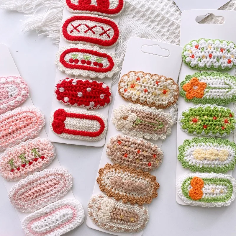 Versatile 5Pcs Knitted Models Wool Sweet Flowers Girl ddmysmile Heart Clip Cute Wrap Cloth Bangs Hair Clip Kids Baby Girl Hair Accessories Smile