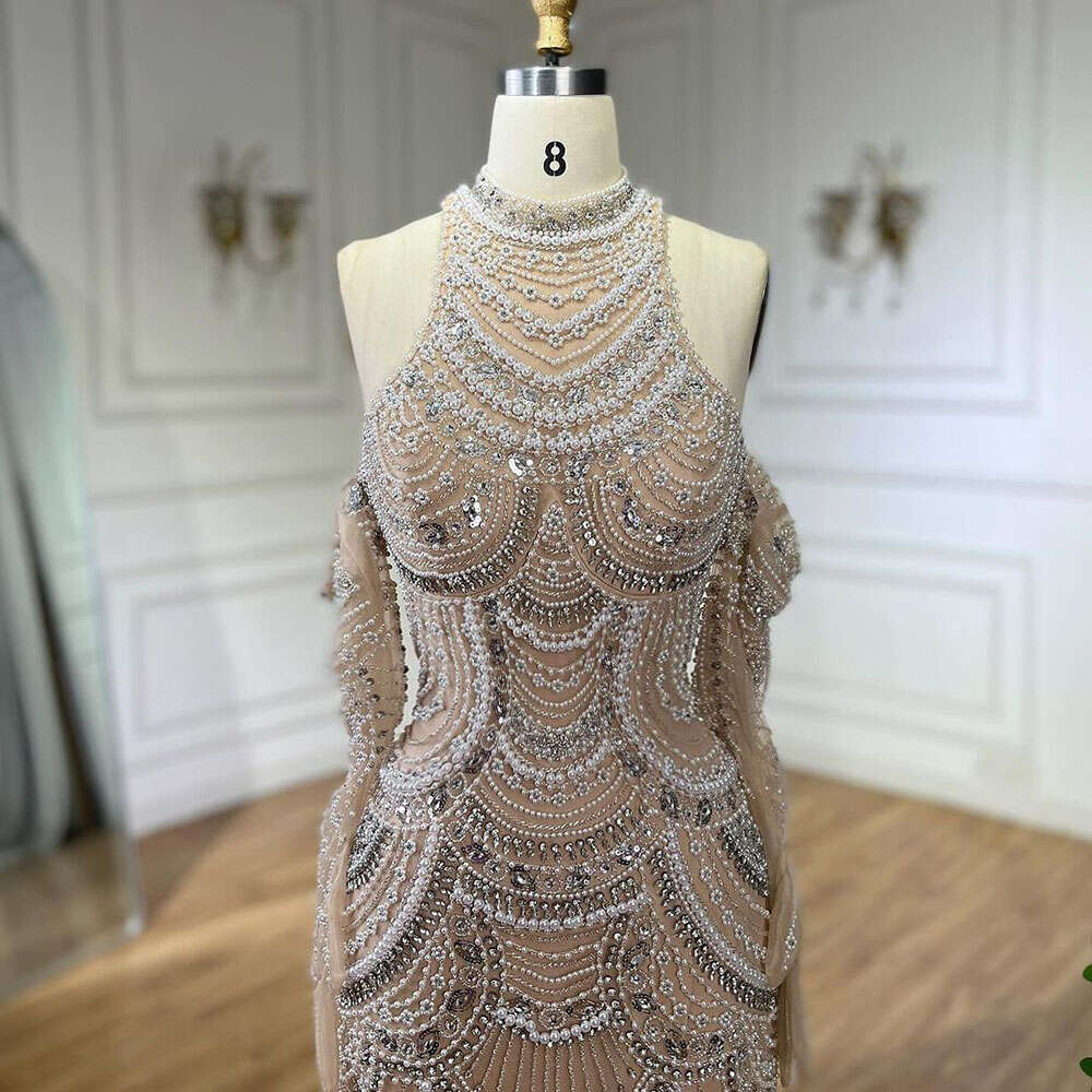 Hill Arabia Serene Nude Mermaid Elegant Evening Dress Gowns With Pearls Beaded For Formal Ocn LA A Customized Mal