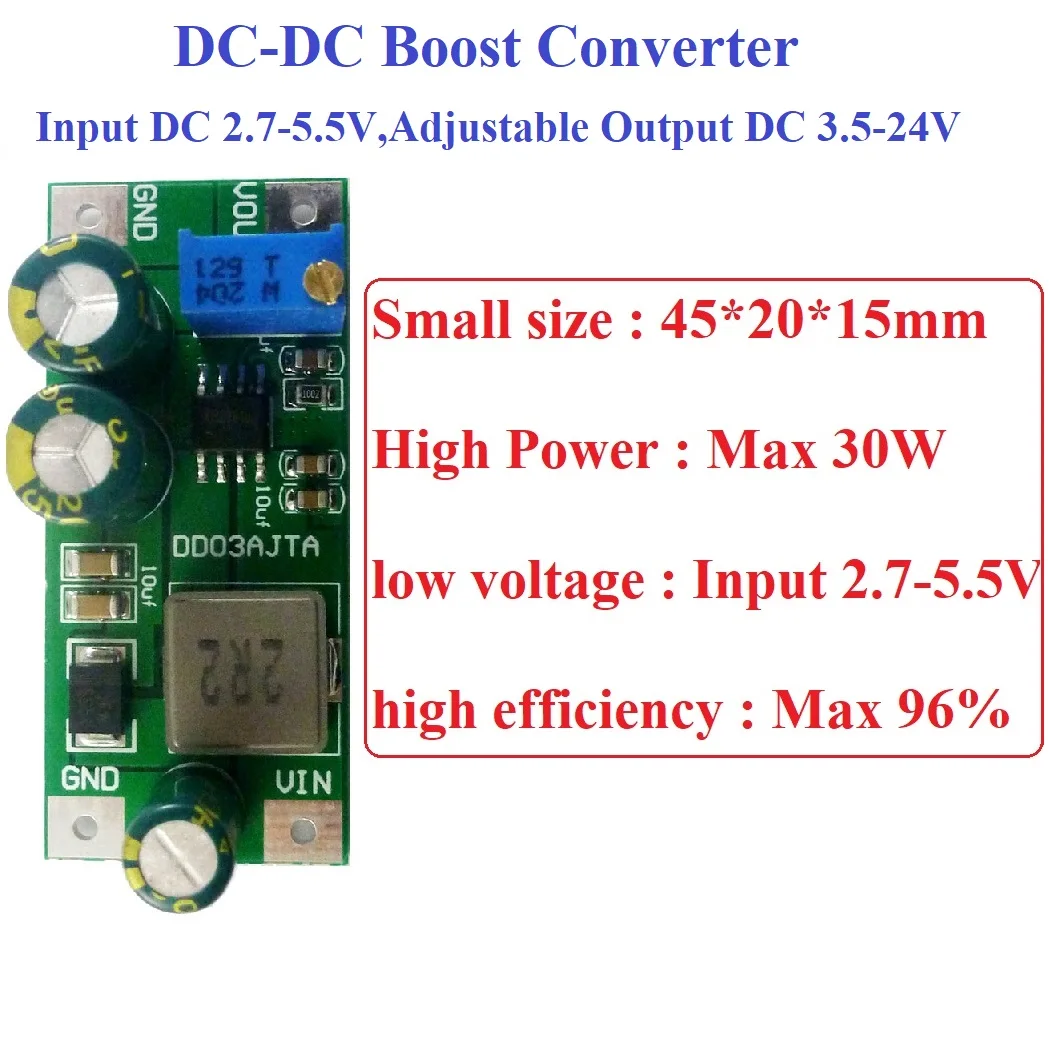 DD03AJTA DC 3V-24V 30W Step-Up Boost Converter Board For 18650 Lithium Battery