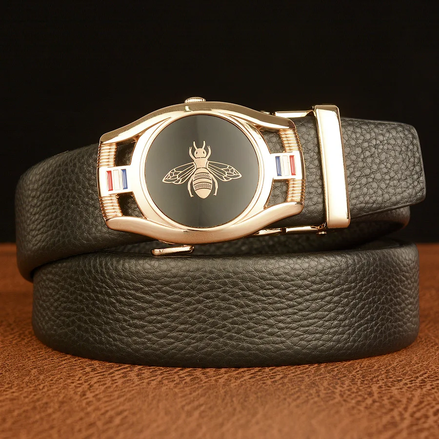Buckle Brand Men Automatic Belt Genuine Leather Bee Pattern Male Belts Casual 3.5cm Width High Quality Cowhide Waistband smile