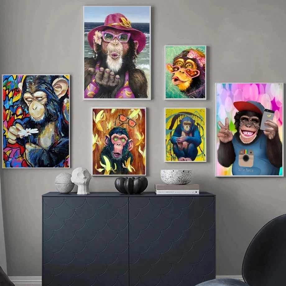 Gorilla Graffiti Art Funny ddmysmile Monkey With Headphones Poster Animal Canvas Painting For Living Room Bedroom Wall Art Decor No Frame Smile