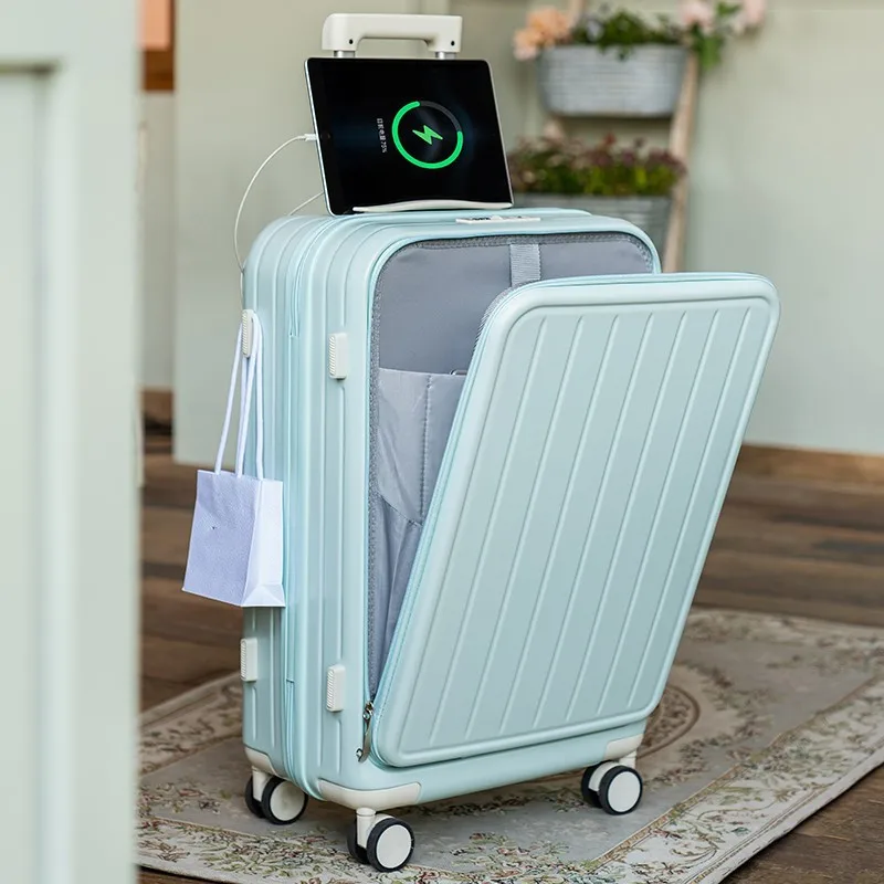 Carry On Luggage,PC Hardside Suitcase with Front Pocket, USB Charging Port,Spinner Trolley for Luggage with Locks water cup hold