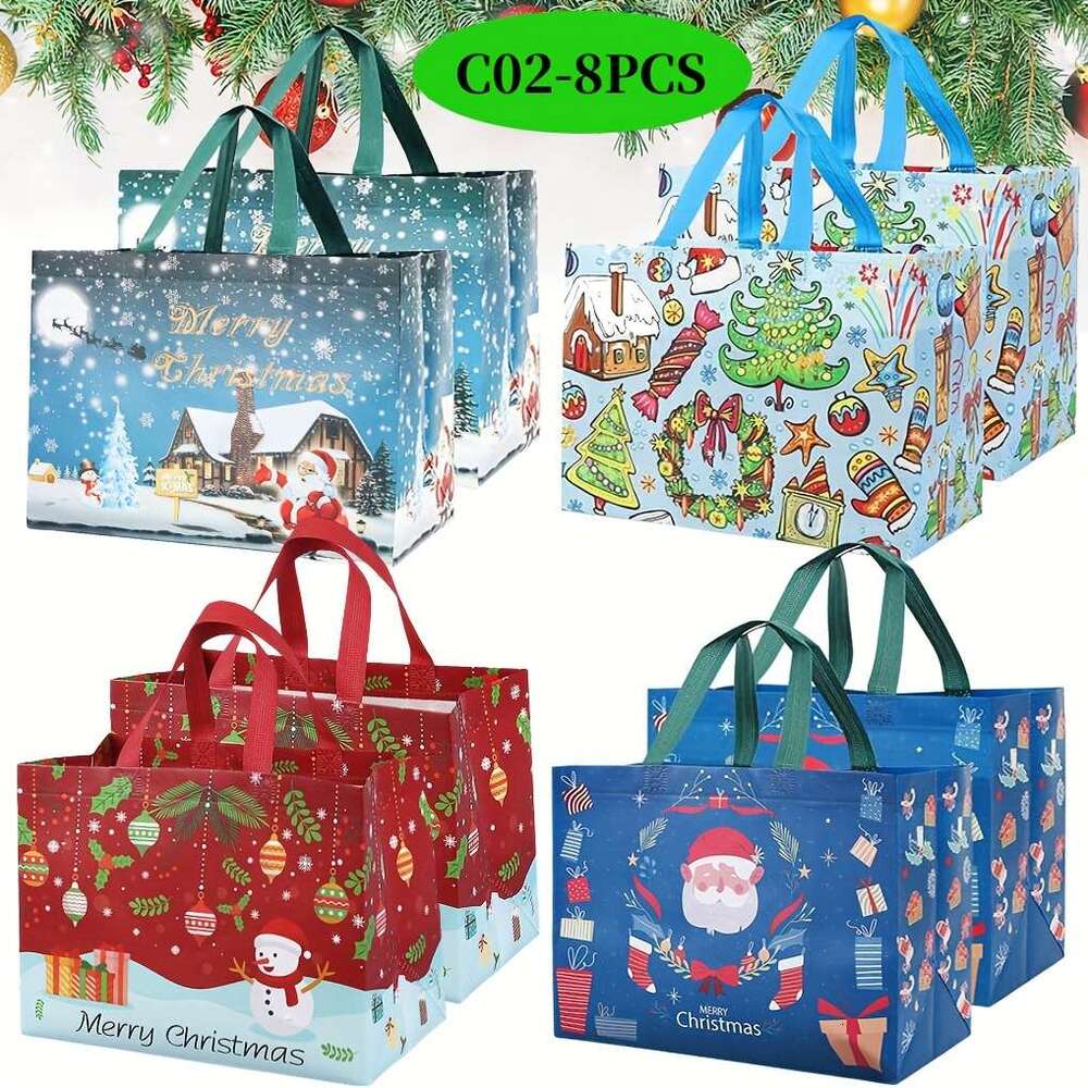 Christmas 8pcs Christmas Gift with Handles Durable Non-Woven Tote Bags for Holiday Presents, Party Favors Shopping Festive Santa, Snowman, Reindeer & 