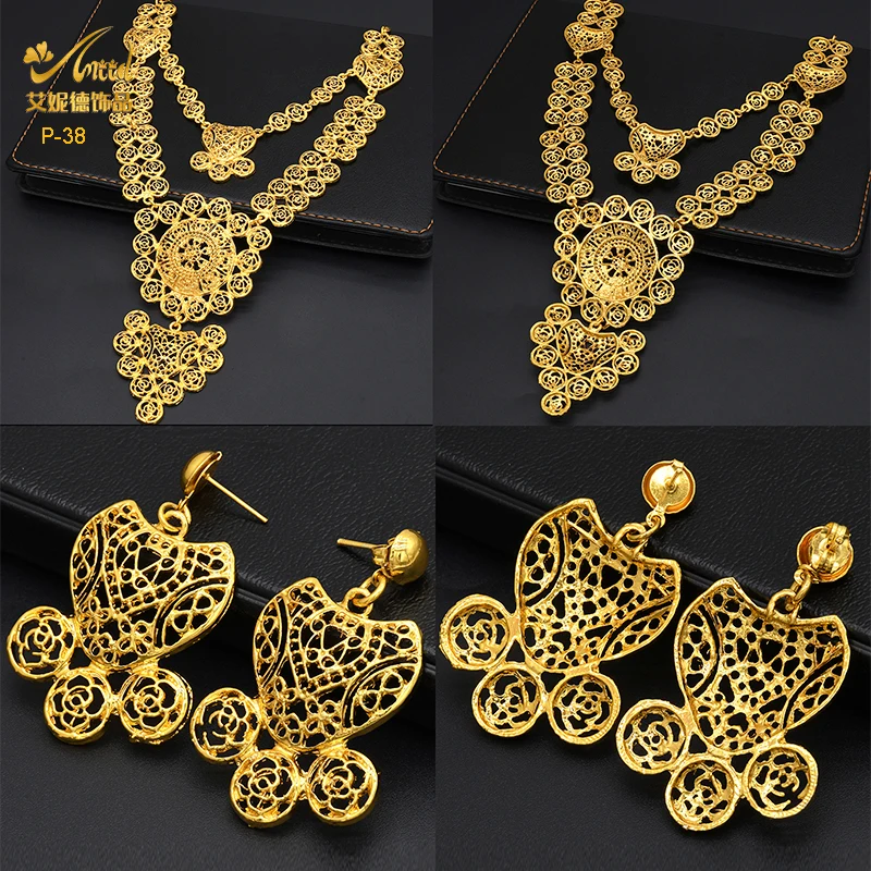 Gold ANIID Dubai Plated Jewelry Sets Wedding African 2PCS Necklace Earrings Set For Women Nigerian Indian Bridal Party Gifts smile