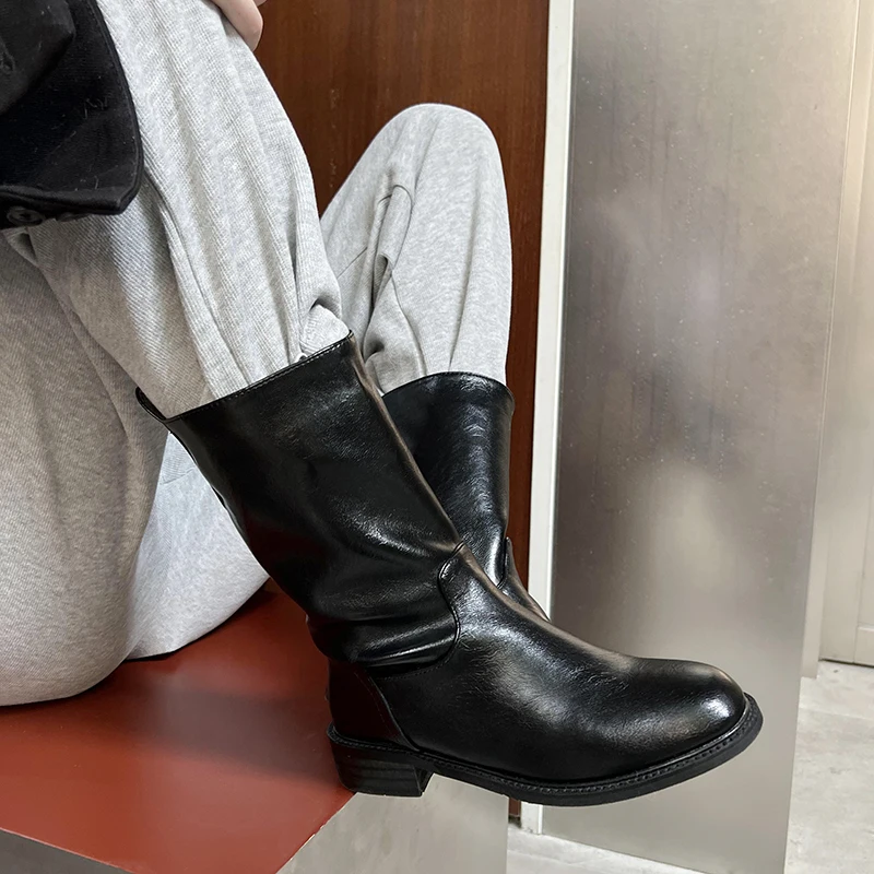 JOZHAMTA Size 34-40 Short Boots Genuine Leather Casual Soft Chunky Heels Shoes For Women Winter 2023 Black Mid Calf Boot