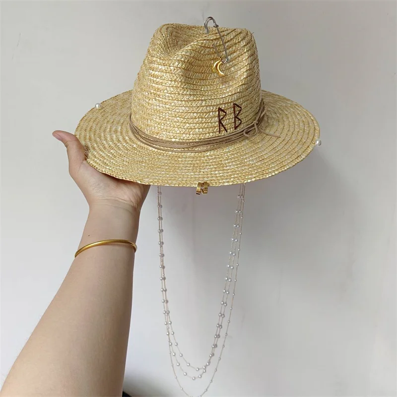 Straw DIY Hat New Punk Style Pearl Chain DIY Jazz Hat Sun Hat New Korean Letter Hat Beach Hat Men's and Women's Punk Hat Sun smile