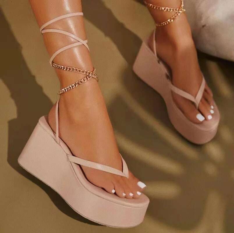 Sexy Wedges Sandals Women's Shoe Female Metal Chain Fashion Platform Shoes 2025 Summer Ladies Clip Toe Ankle Strap Casual Sandal