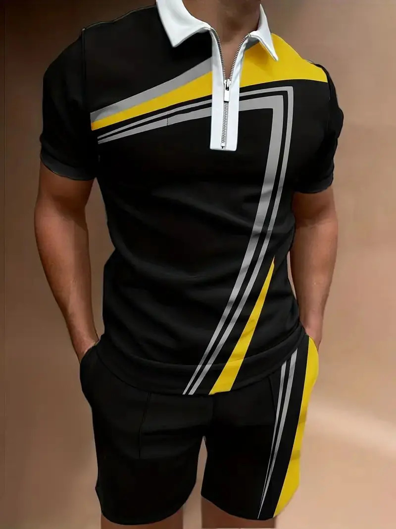 mens summer sports vacation set street leisure beach clothing 3D plaid patchwork short sleeved POLOshorts 2piece 240409